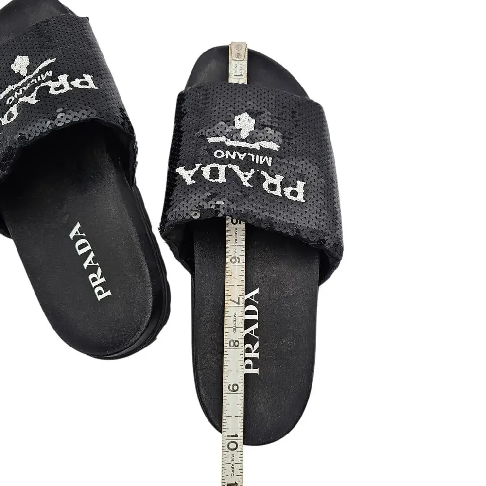 Prada Logo Flat Slide Pool Sandal Black White Sequin Slip On Size 38 US 8